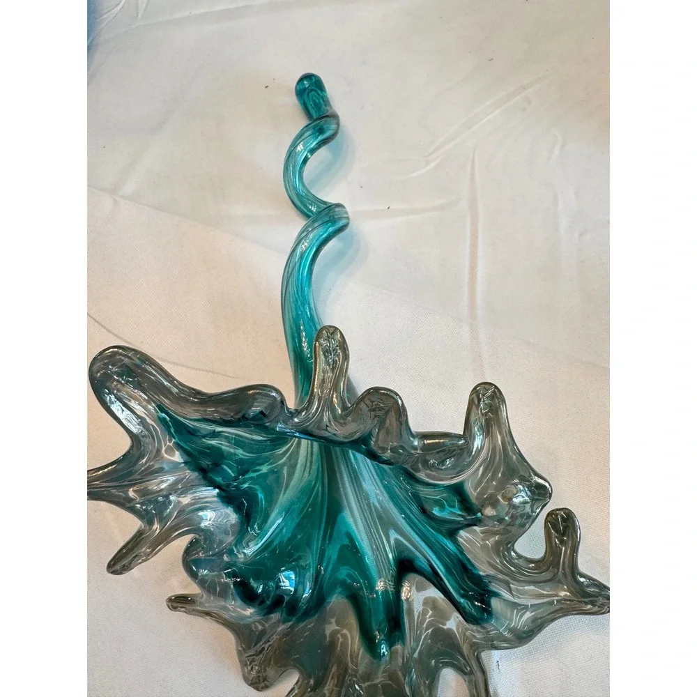 Hand Blown Art Glass Splash Vase Turquoise Teal‎ Smoky Grey Spiral statue Murano